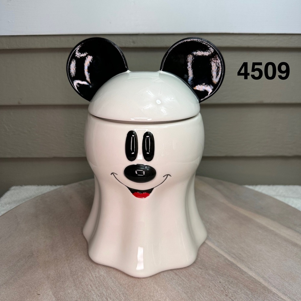 Disney Mickey Mouse Ghost Ceramic Halloween Cookie Jar White Black 8.5 Inch